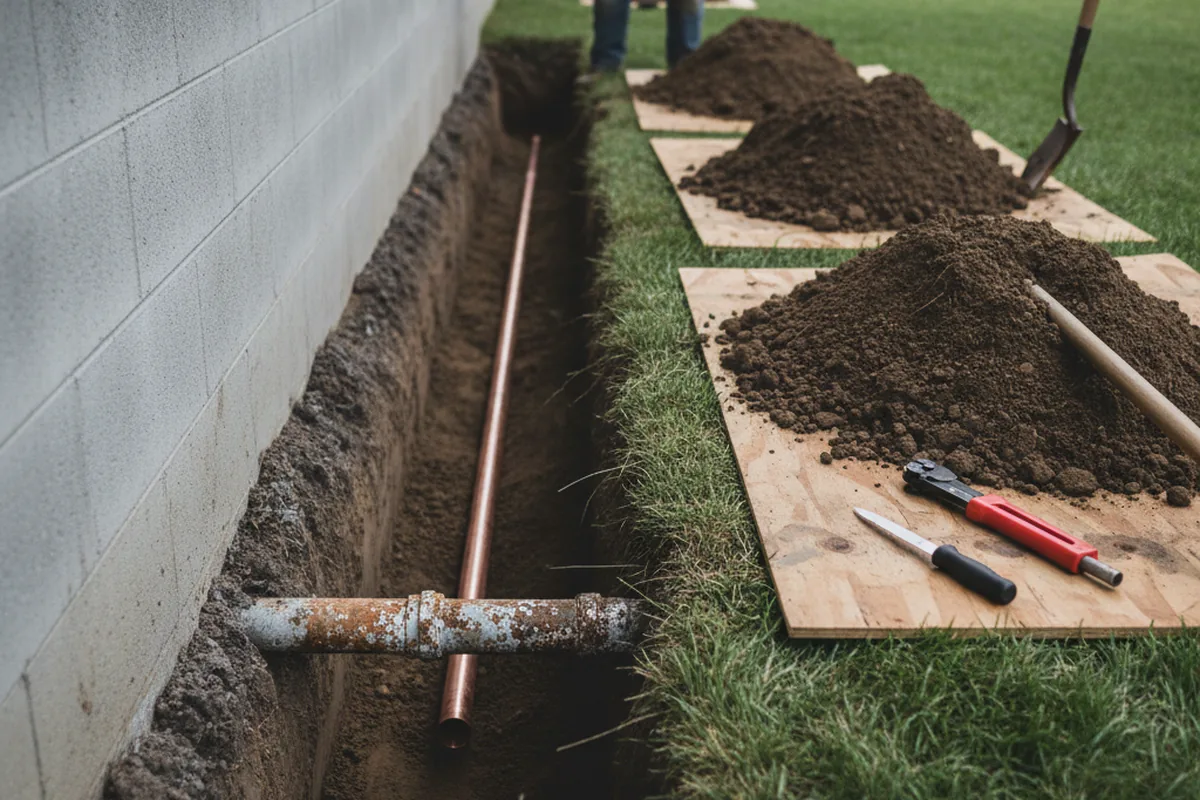 Excavated water line trench during Sewer Line Repair in Adelphi